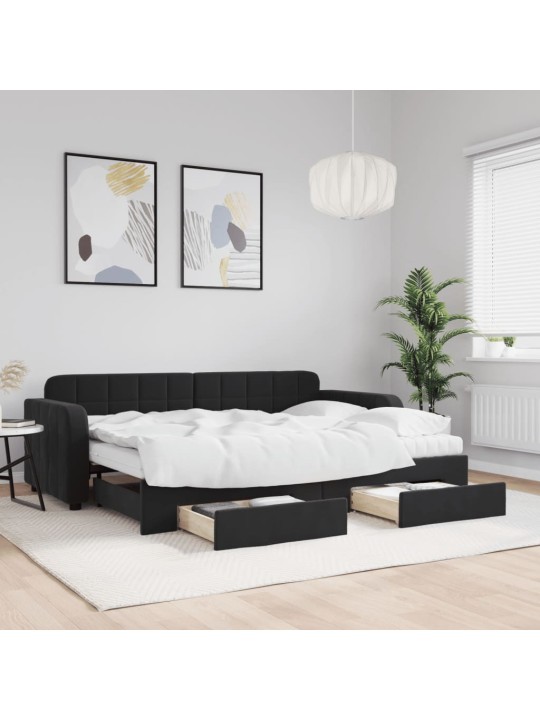 Izvelkams dīvāns ar atvilktnēm, melns, 80x200 cm, samts