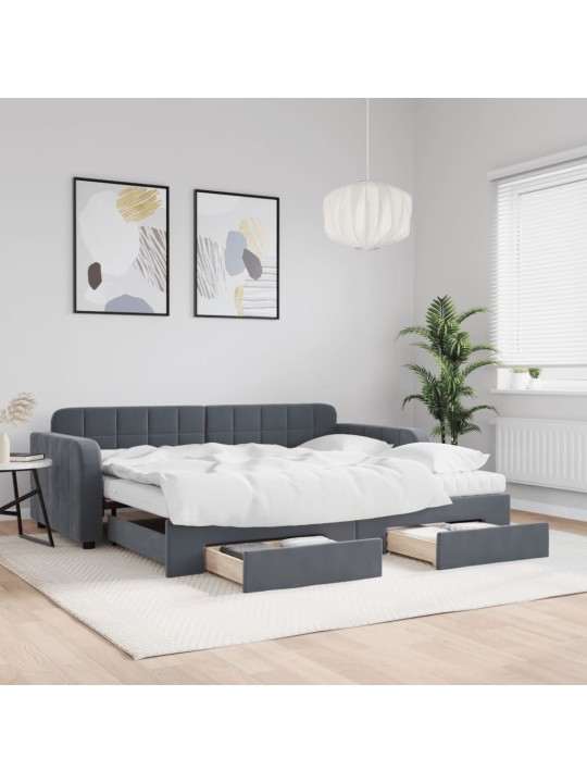 Izvelkams dīvāns ar atvilktnēm, tumši pelēks, 90x200 cm, samts