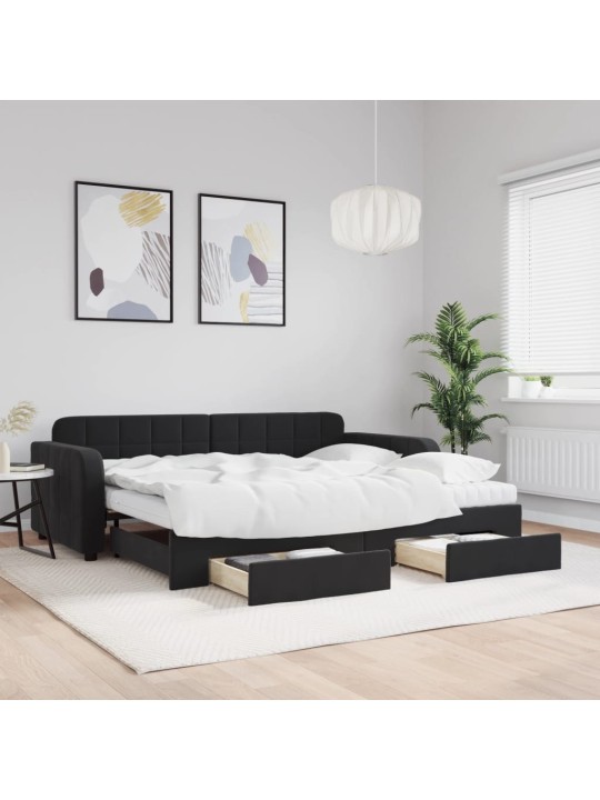Izvelkams dīvāns ar atvilktnēm, melns, 90x200 cm, samts