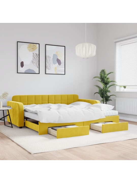 Izvelkams dīvāns ar atvilktnēm, dzeltens, 90x200 cm, samts