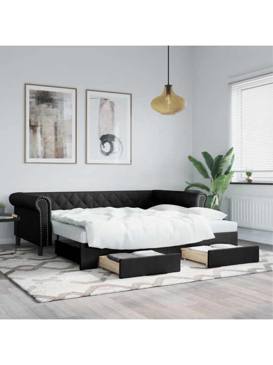 Izvelkams dīvāns ar atvilktnēm, melns, 90x200 cm, mākslīgā āda