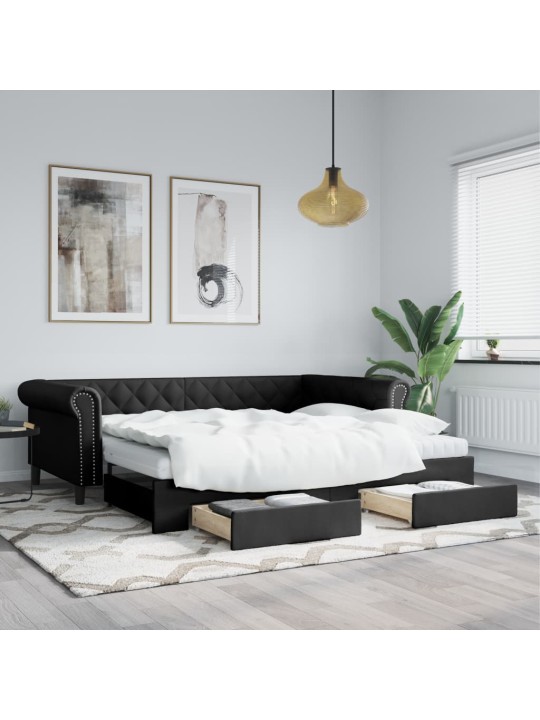 Izvelkams dīvāns ar atvilktnēm, melns, 90x200 cm, mākslīgā āda