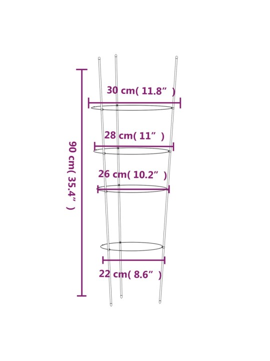 Dārza augu mietiņi ar 4 gredzeniem, 5 gb., zaļi, 90 cm, tērauds