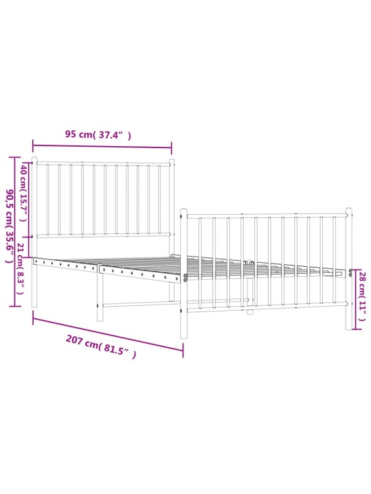 Gultas rāmis ar galvgali un kājgali, balts metāls, 90x200 cm