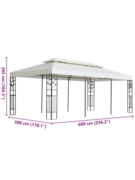 Dārza nojume ar dubulto jumtu, 6x3 m, balta, tērauds