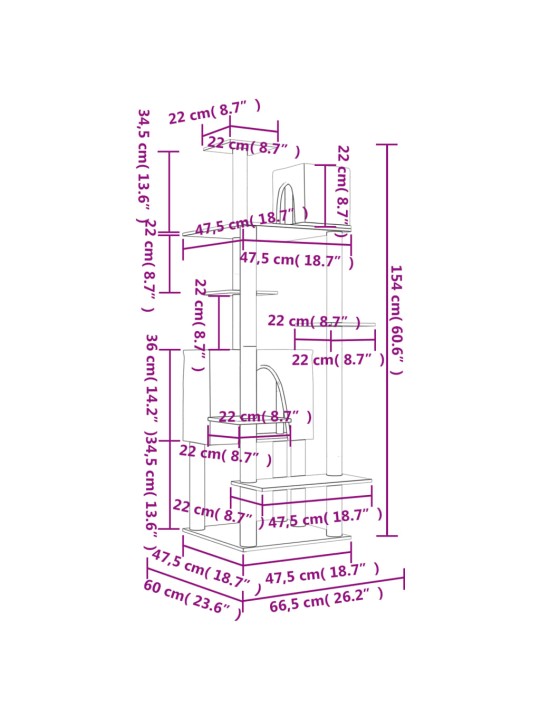 Kaķu māja ar sizala stabiem nagu asināšanai, 154 cm, pelēka