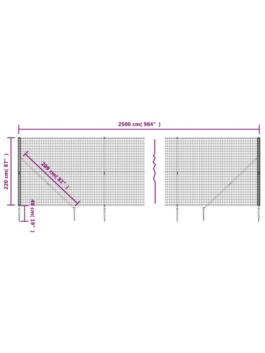 Stiepļu žogs ar zemes mietiņiem, antracītpelēks, 2,2x25 m