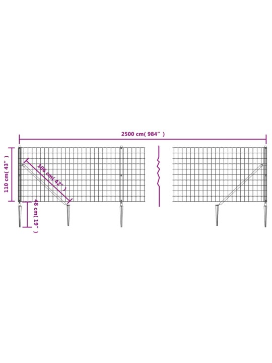 Stiepļu žogs ar zemes mietiņiem, antracītpelēks, 1,1x25 m
