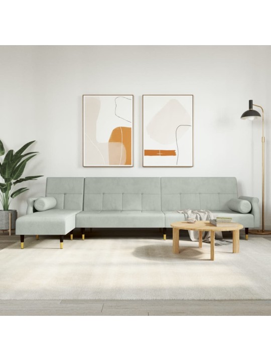 L-formas dīvāngulta, gaiši pelēka, 271x140x70 cm, samts