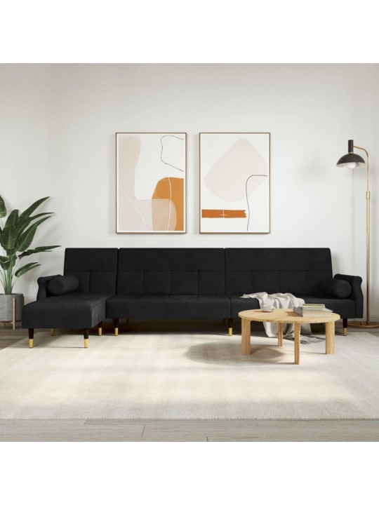 L-formas dīvāngulta, melna, 275x140x70 cm, samts
