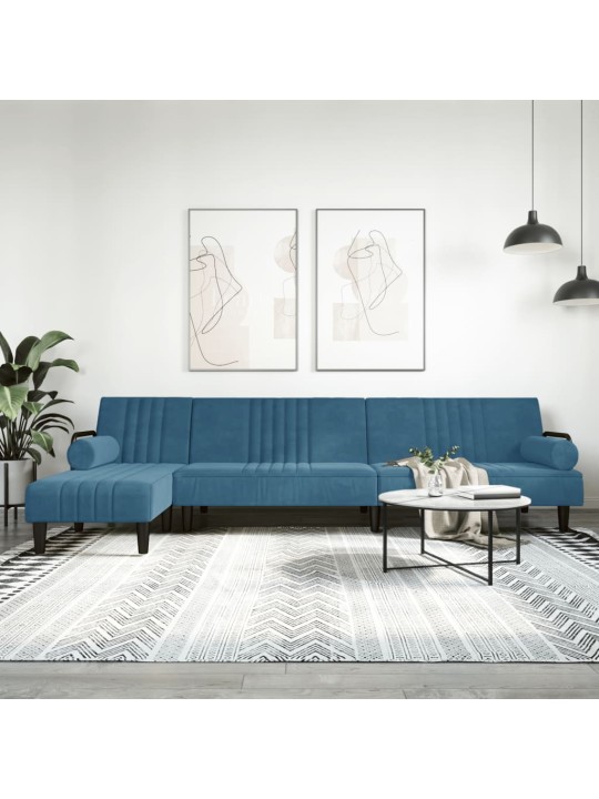 L-formas dīvāngulta, zila, 260x140x70 cm, samts