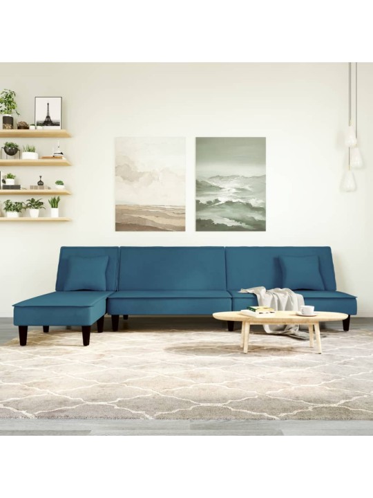 L-formas dīvāngulta, zila, 255x140x70 cm, samts