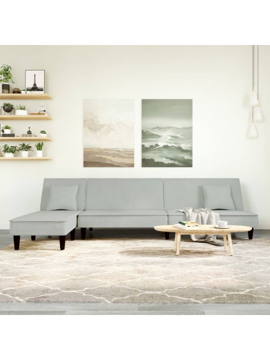 L-formas dīvāngulta, gaiši pelēka, 255x140x70 cm, samts