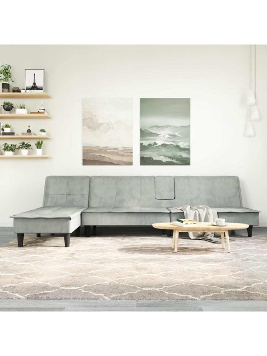 L-formas dīvāngulta, gaiši pelēka, 255x140x70 cm, samts