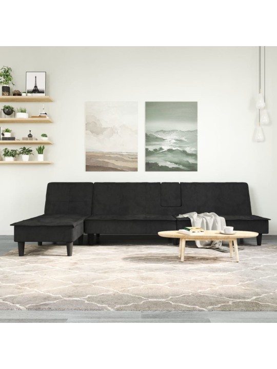 L-formas dīvāns, melns, 255x140x70 cm, samts