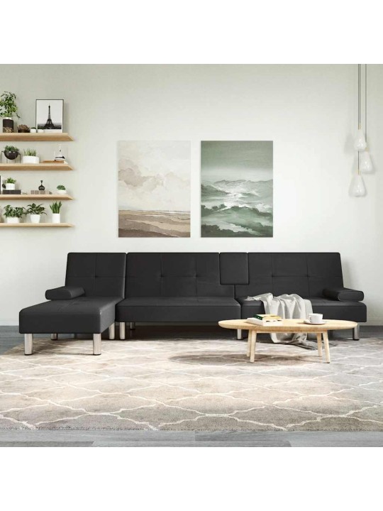 L-formas dīvāngulta, melna, 255x140x70 cm, mākslīgā āda