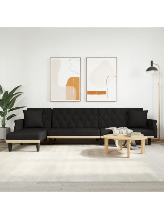 L-formas dīvāngulta, melna, 275x140x70 cm, samts