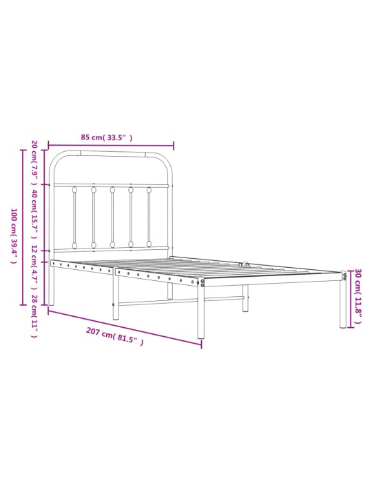 Gultas rāmis ar galvgali, melns metāls, 80x200 cm