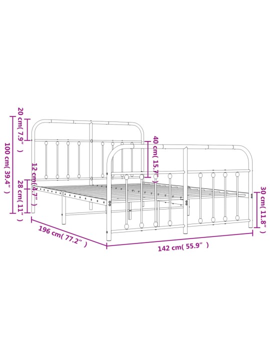 Gultas rāmis ar galvgali un kājgali, balts metāls, 135x290 cm