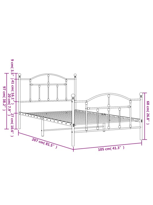 Gultas rāmis ar galvgali un kājgali, balts metāls, 100x200 cm