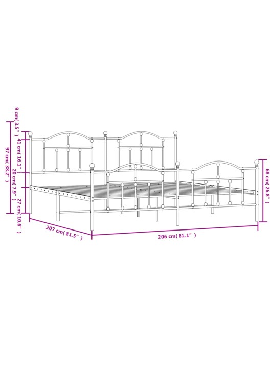Gultas rāmis ar galvgali un kājgali, balts metāls, 200x200 cm