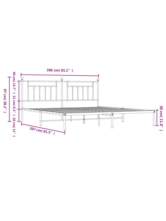 Gultas rāmis ar galvgali, melns metāls, 200x200 cm