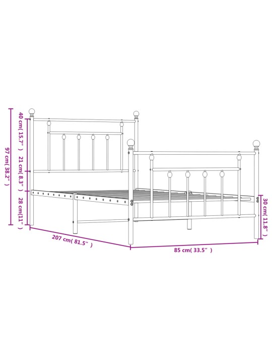 Gultas rāmis ar galvgali un kājgali, melns metāls, 80x200 cm