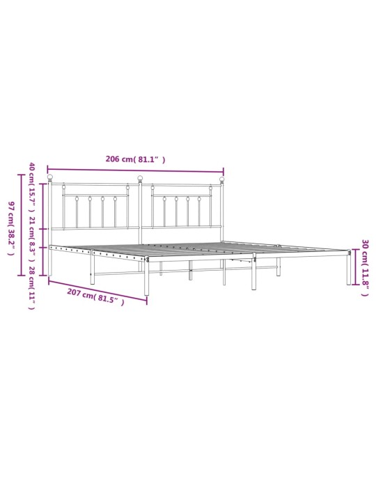 Gultas rāmis ar galvgali, balts metāls, 200x200 cm