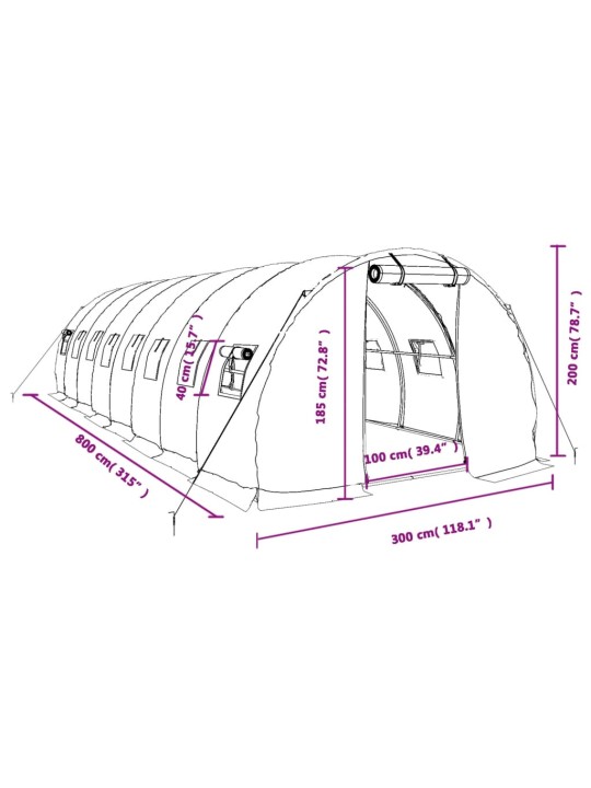 Siltumnīca ar tērauda rāmi, balta, 24 m², 8x3x2 m