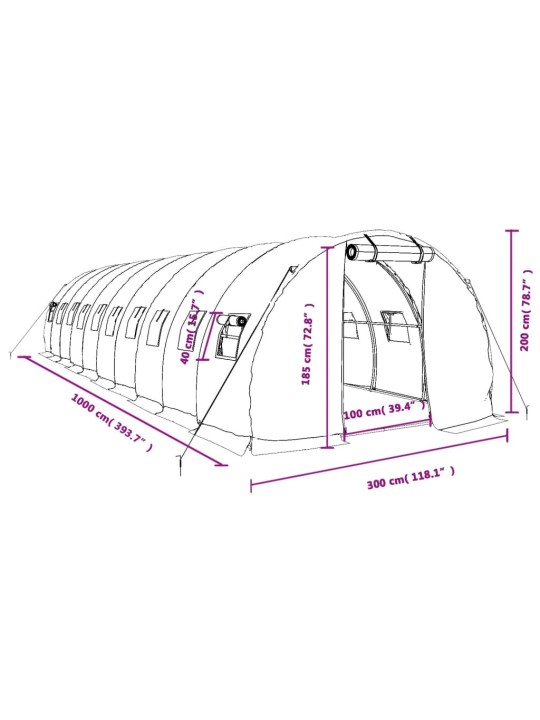 Siltumnīca ar tērauda rāmi, balta, 30 m², 10x3x2 m