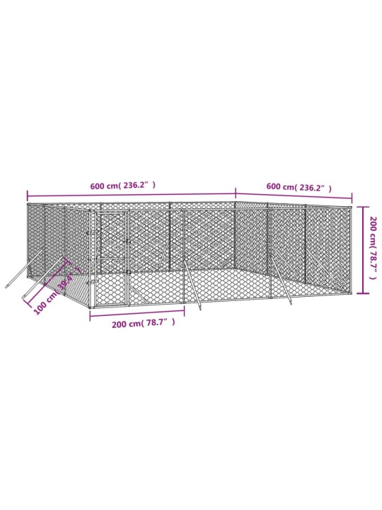 Suņu voljērs, 6x6x2 m, cinkots tērauds, sudraba krāsā