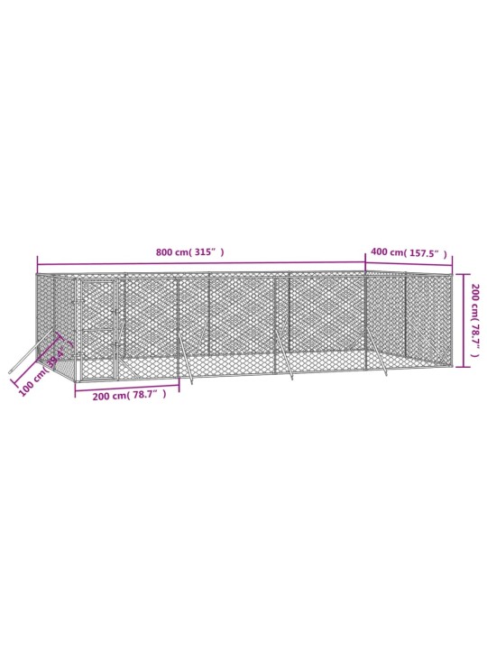 Suņu voljērs, 8x4x2 m, cinkots tērauds, sudraba krāsā