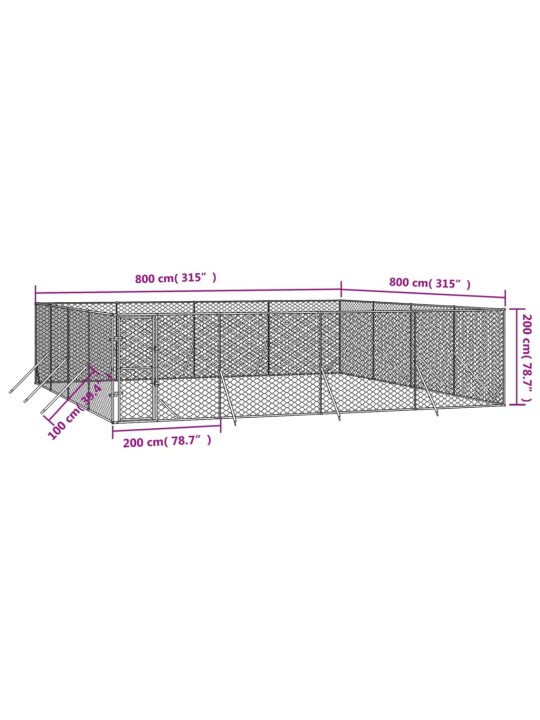 Suņu voljērs, 8x8x2 m, cinkots tērauds, sudraba krāsā