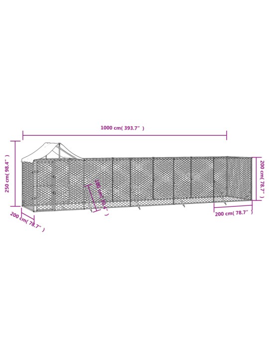 Suņu voljērs ar jumtu, 10x2x2,5m, cinkots tērauds,sudraba krāsā