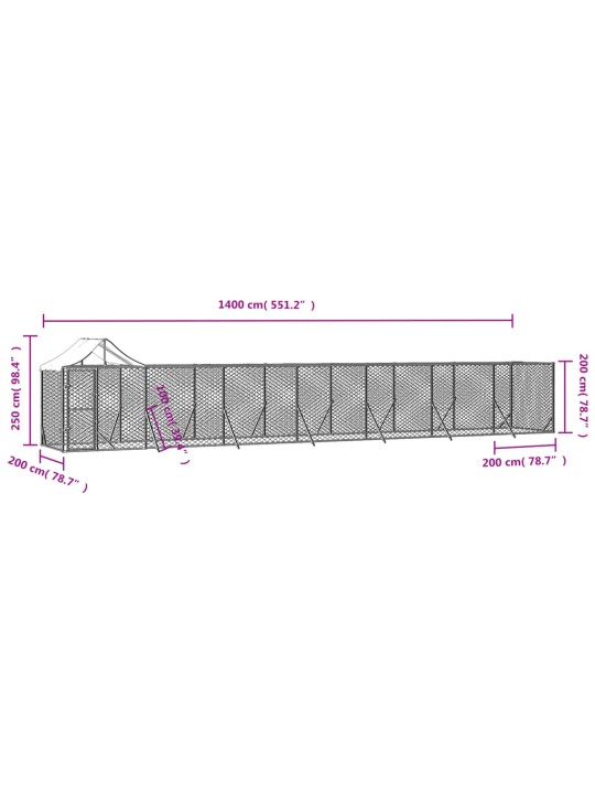 Suņu voljērs ar jumtu, 14x2x2,5m, cinkots tērauds,sudraba krāsā