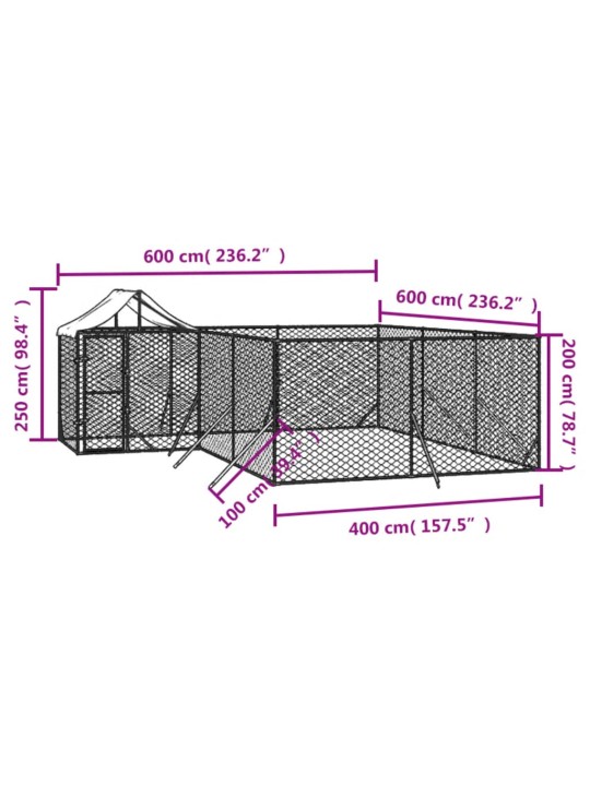 Suņu voljērs ar jumtu, 6x6x2,5m, cinkots tērauds, sudraba krāsā