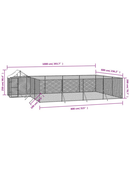 Suņu voljērs ar jumtu, 10x6x2,5m, cinkots tērauds,sudraba krāsā