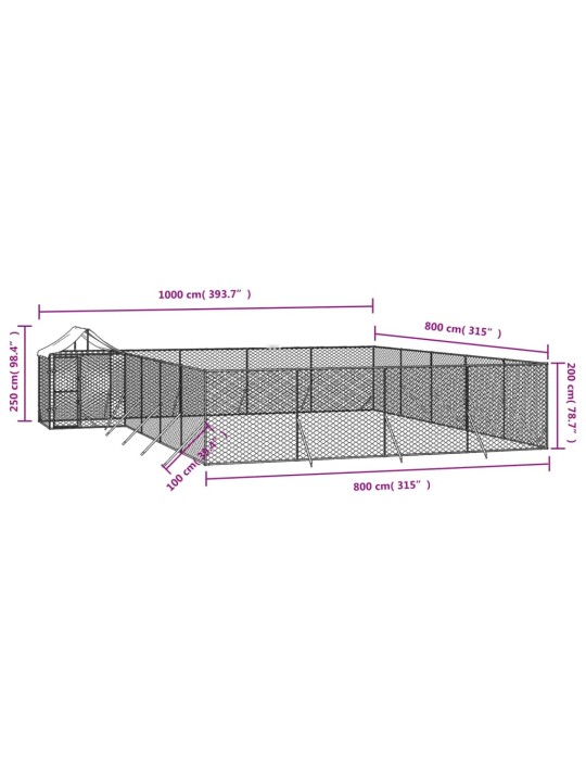 Suņu voljērs ar jumtu, 10x8x2,5m, cinkots tērauds,sudraba krāsā