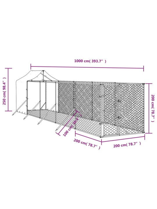 Suņu voljērs ar jumtu, 2x10x2,5m, cinkots tērauds,sudraba krāsā