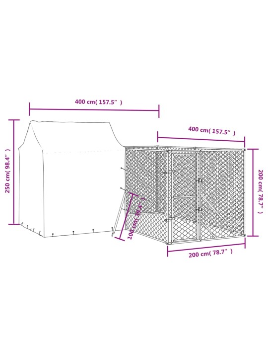 Suņu voljērs ar jumtu, 4x4x2,5m, cinkots tērauds, sudraba krāsā