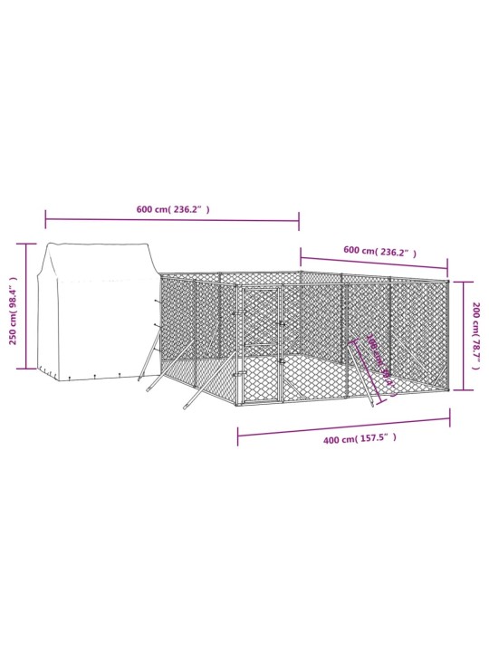 Suņu voljērs ar jumtu, 6x6x2,5m, cinkots tērauds, sudraba krāsā