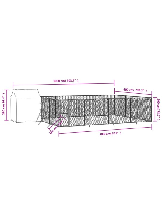 Suņu voljērs ar jumtu, 10x6x2,5m, cinkots tērauds,sudraba krāsā