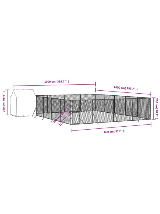 Suņu voljērs ar jumtu, 10x10x2,5m, cinkots tērauds, sudrabains