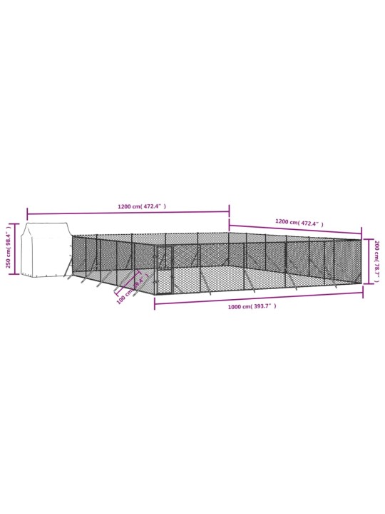 Suņu voljērs ar jumtu, 12x12x2,5m, cinkots tērauds, sudrabains