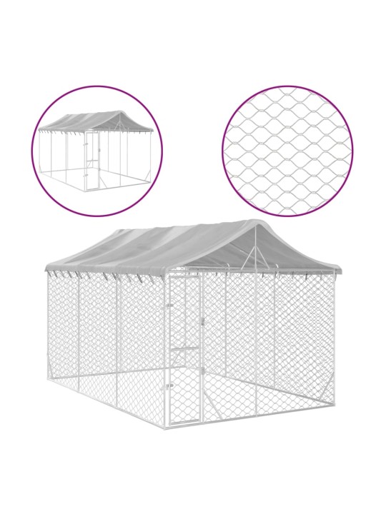 Suņu voljērs ar jumtu, 3x4,5x2,5 m, cinkots tērauds, sudrabains