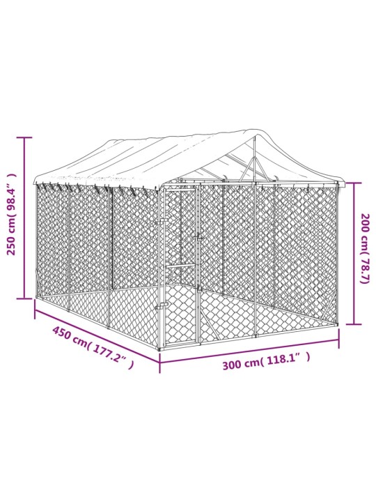 Suņu voljērs ar jumtu, 3x4,5x2,5 m, cinkots tērauds, sudrabains