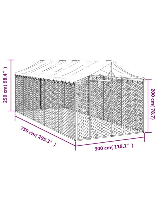 Suņu voljērs ar jumtu, 3x7,5x2,5 m, cinkots tērauds, sudrabains