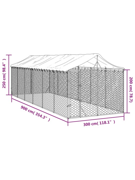 Suņu voljērs ar jumtu, 3x9x2,5m, cinkots tērauds, sudraba krāsā