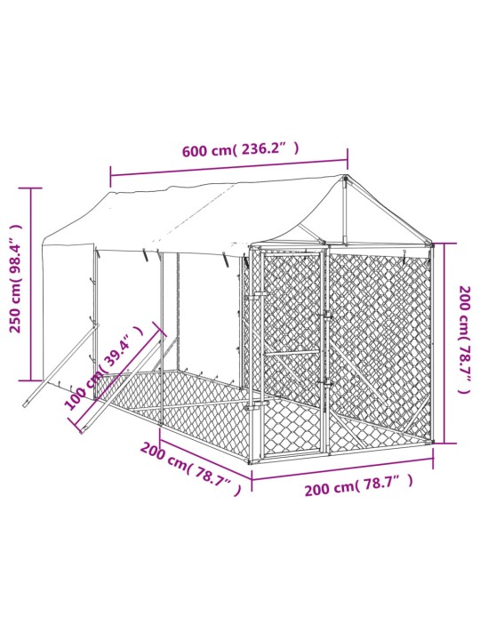 Suņu voljērs ar jumtu, 2x6x2,5m, cinkots tērauds, sudraba krāsā
