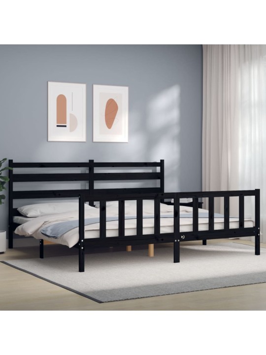 Gultas rāmis ar galvgali, melns, 200x200 cm, masīvkoks